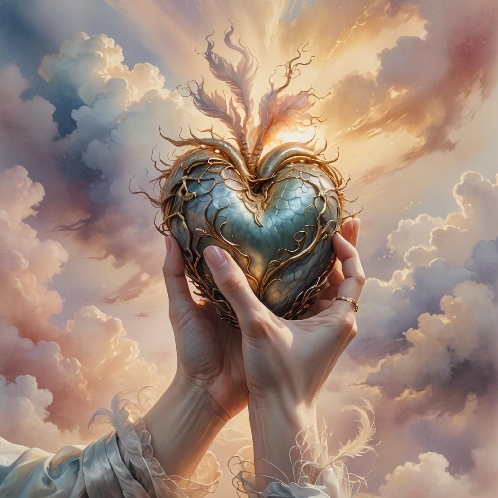 Surreal Venomous Hand Holding a Heart in Watercolor