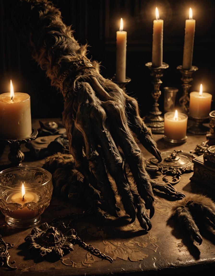 Macabre Monkey Paw Still Life in Dark Academia Style