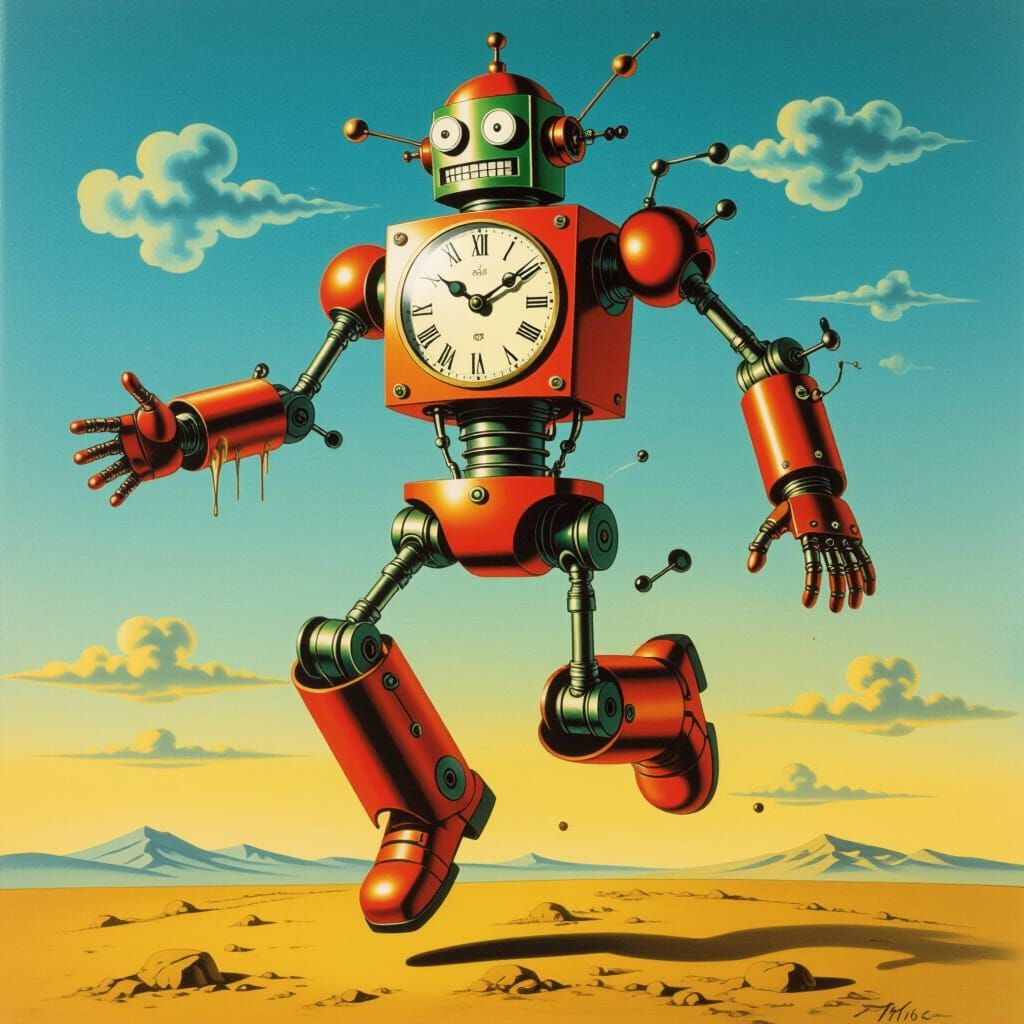 Surreal Melting Robot Jumps in Red, Green, Blue