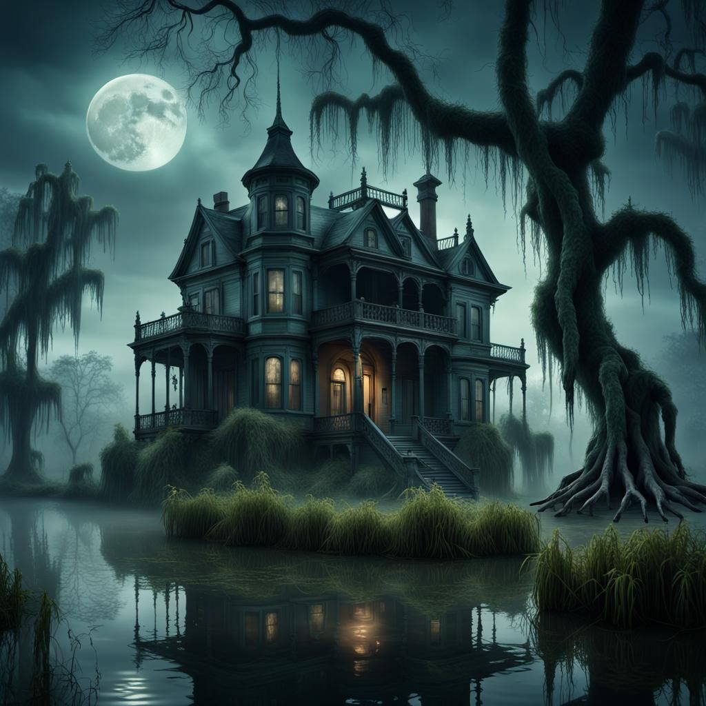 Swamp Witch Victorian Mansion in Moonlit Digital Painting