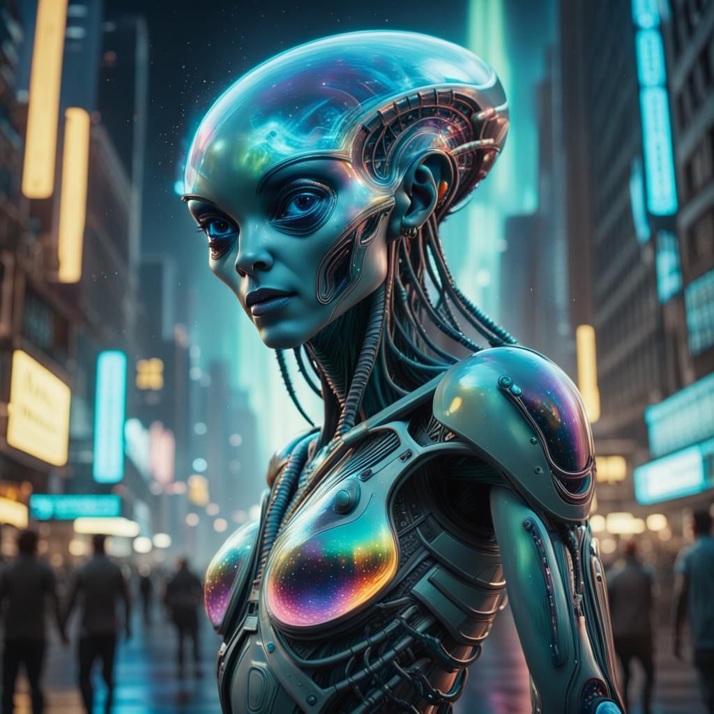 Bioluminescent Holographic Portrait in City with Aliens