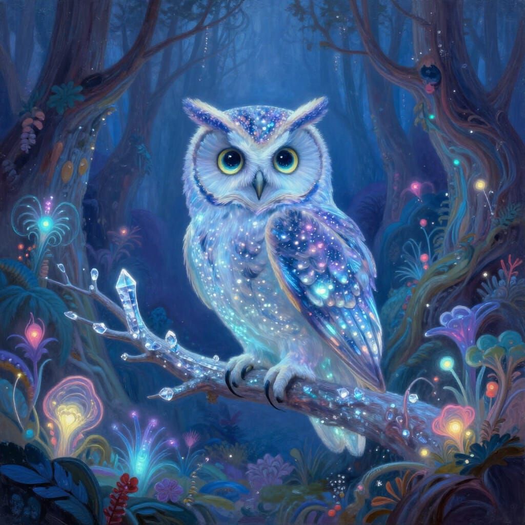 An intricate, bioluminescent owl