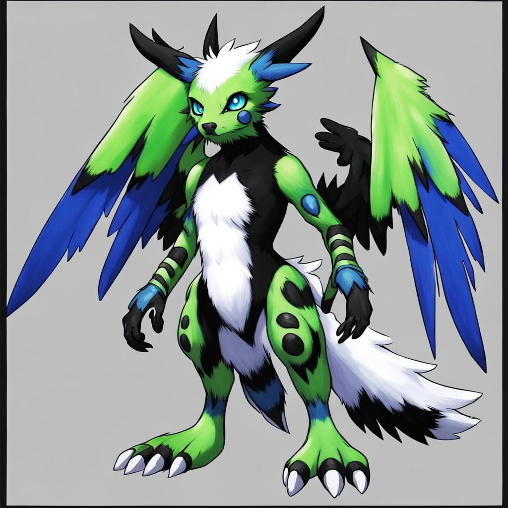 Blue and White Furry Digimon with Black Wings