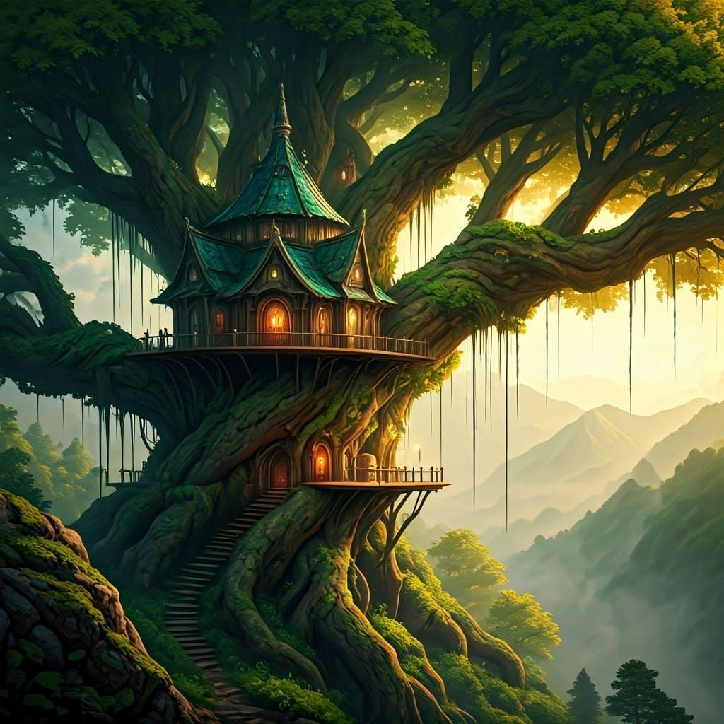 Majestic Treehouse in Ancient Tree, Lush Forest, and Golden ...
