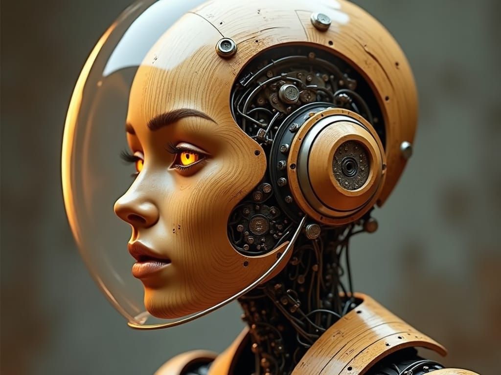 Robotic Wood Head in Space Helmet, Digital Art