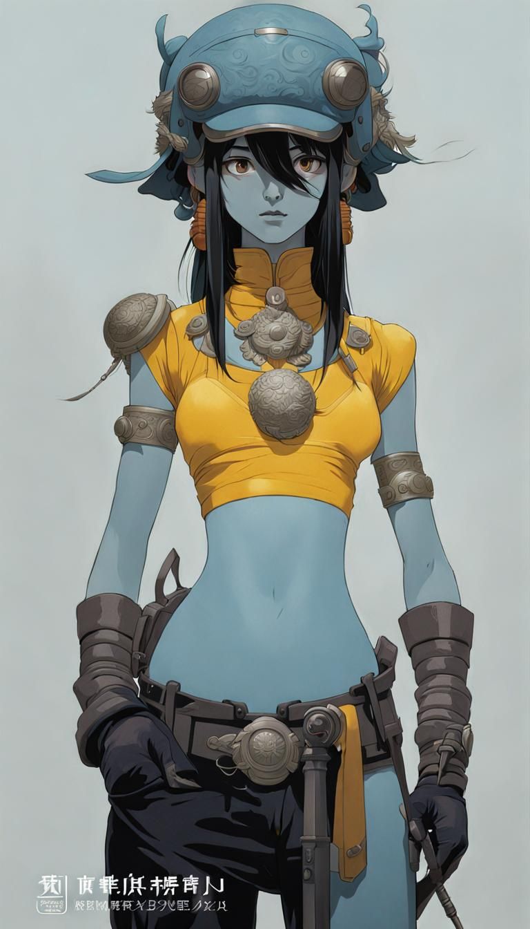 Blue-Skinned Woman in Action Pose, Ghibli-Style Art