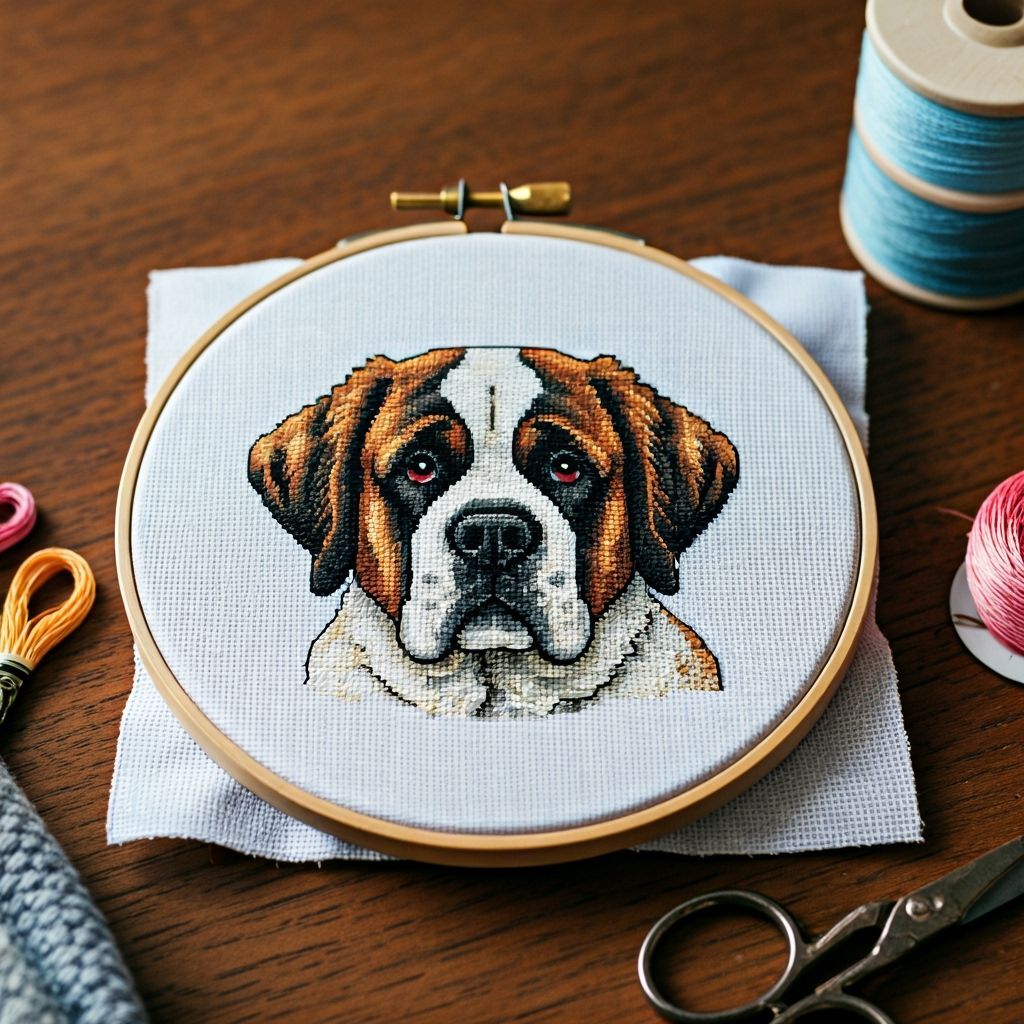 Saint Bernard Cross-Stitch Portrait in Hoop