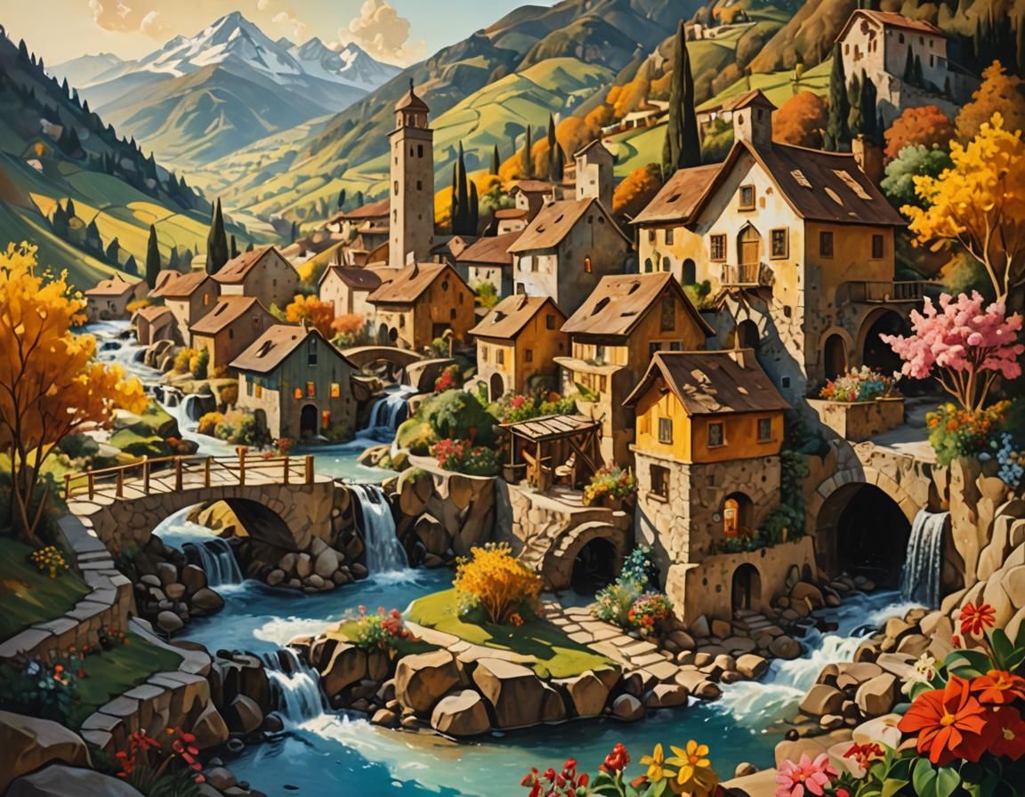 Italian Village Christmas: A Surreal Oil Painting