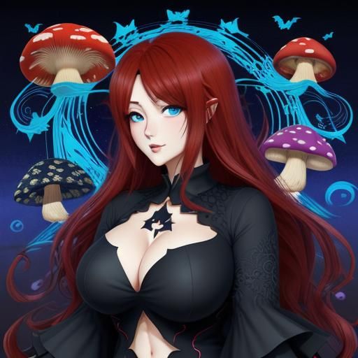 Anime Mushroom Woman in Magic Forest at Night