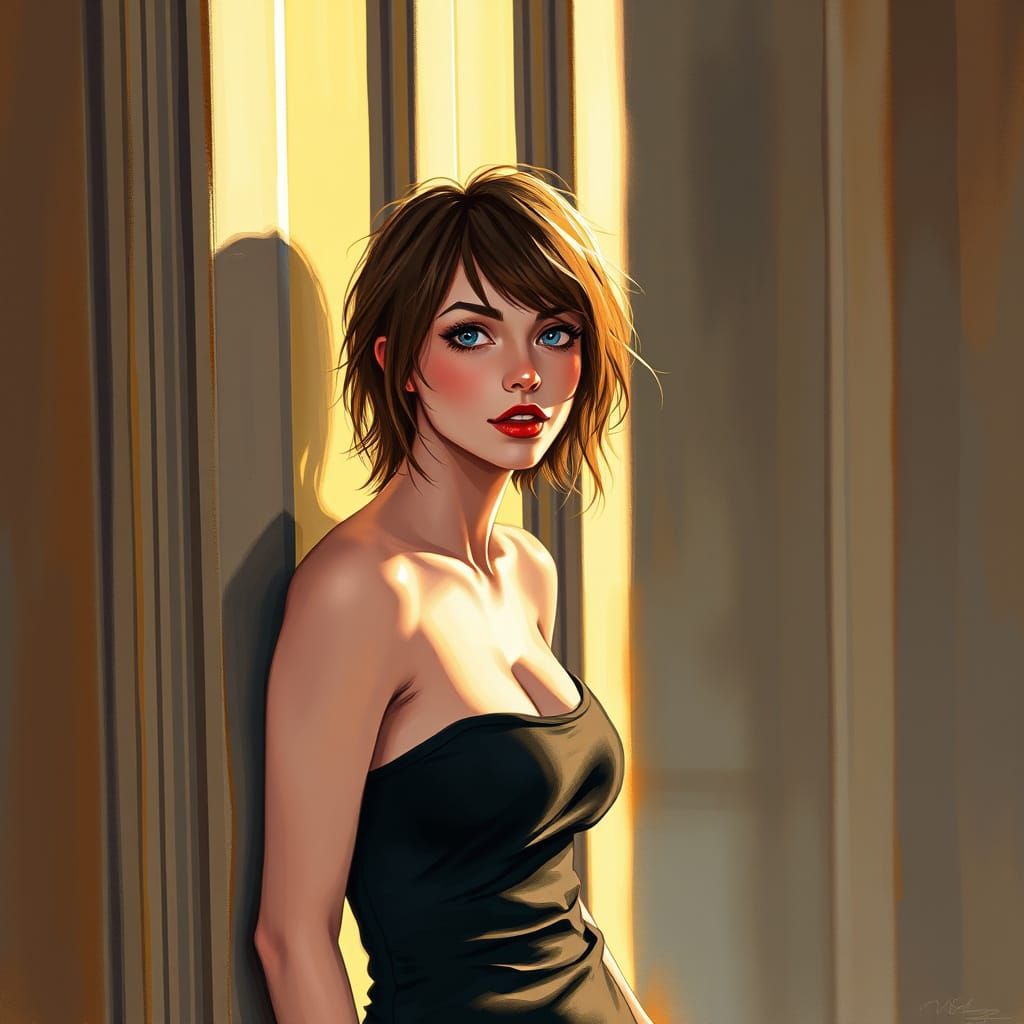 Woman Leaning in Doorway in Anime Style