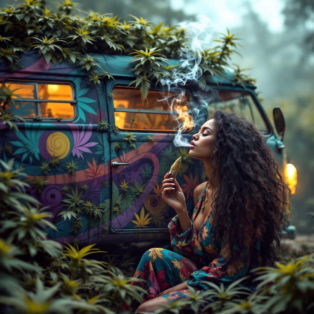 Psychedelic Marijuana Van with Woman in Hyperrealism