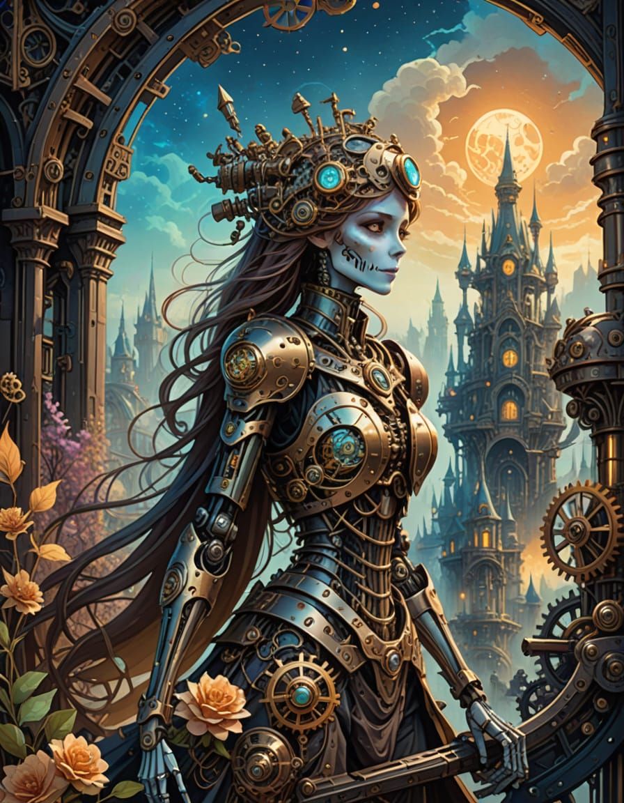 Steampunk Skeleton Lady Amidst Clockwork Machinery