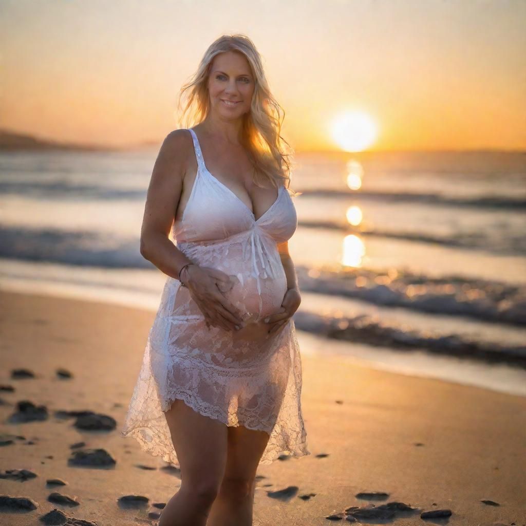 Plushie Pregnant Woman on Beach at Sunset