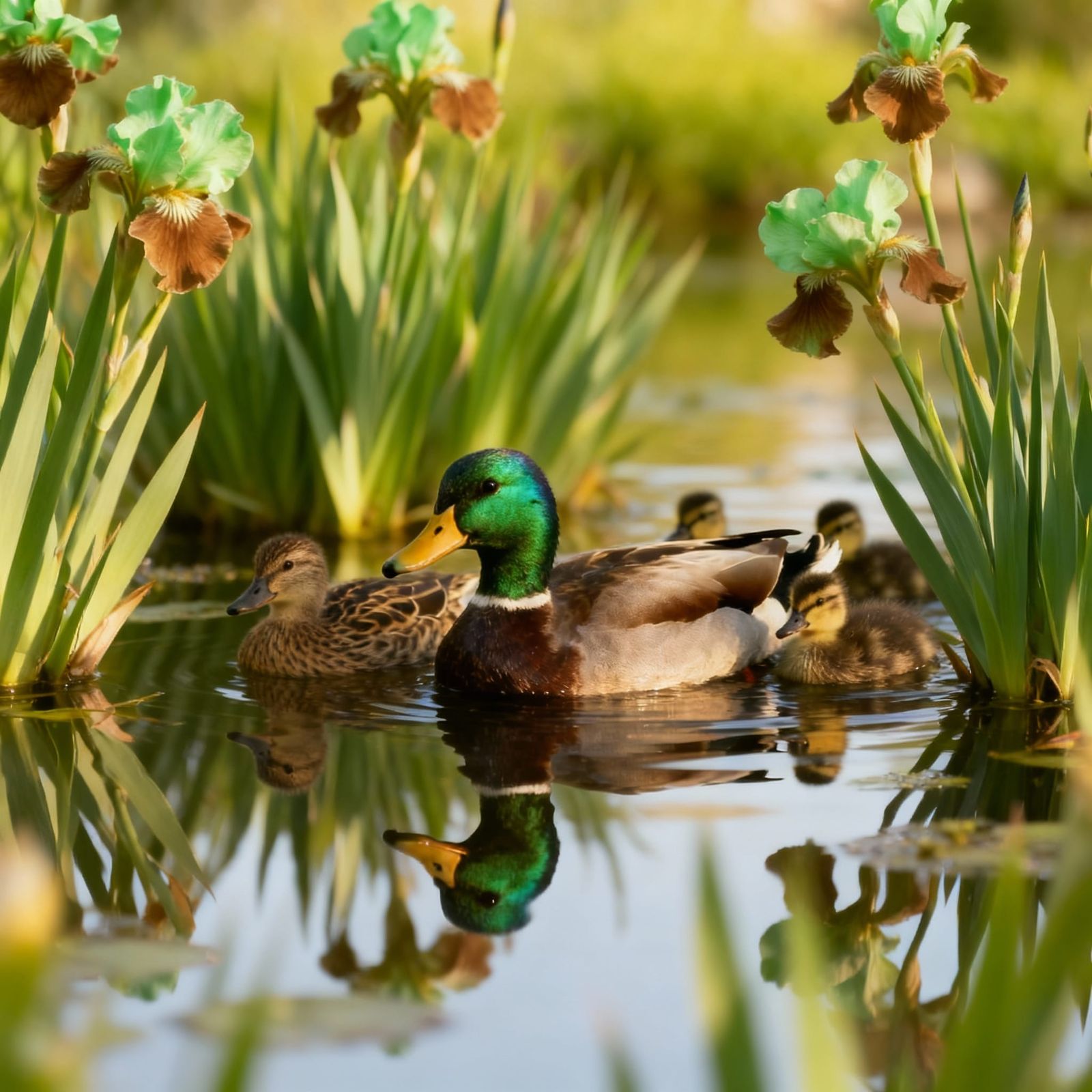 Mallard Duck Family in a Colorful Reflective Pond