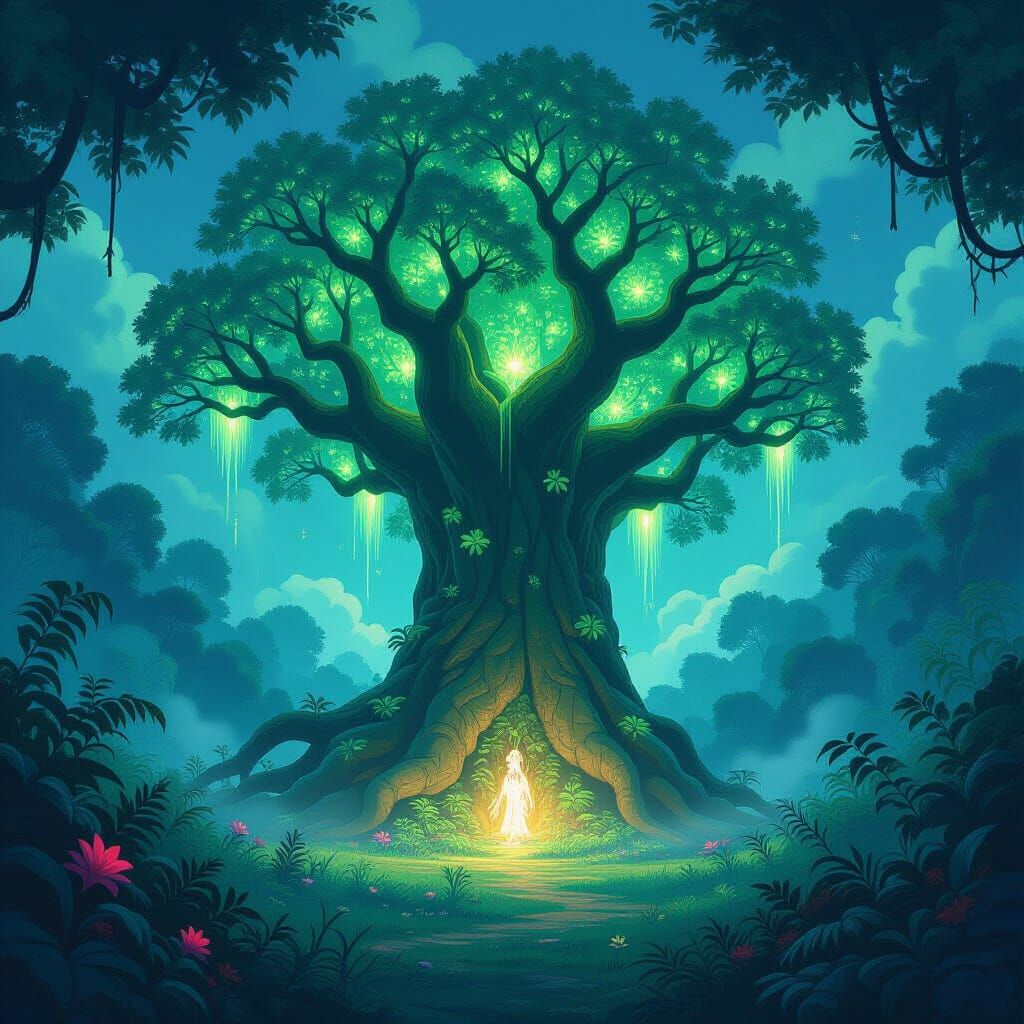 Ancient Bioluminescent Tree in Mystical Jungle Clearing