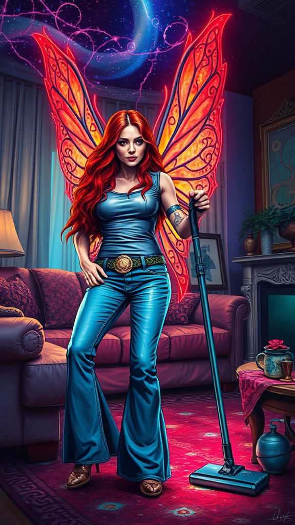 Red Sonja Fairy Vacuuming in Celtic Cyberpunk Style