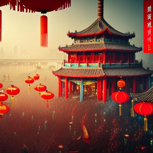 Shanghai Chinese New Year Festival in Detailed Matte Paintin...