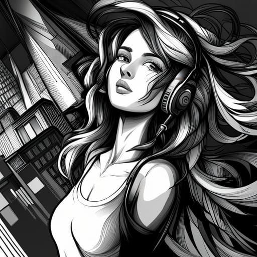 Anime Line Art: Stunning Teen in Cityscape