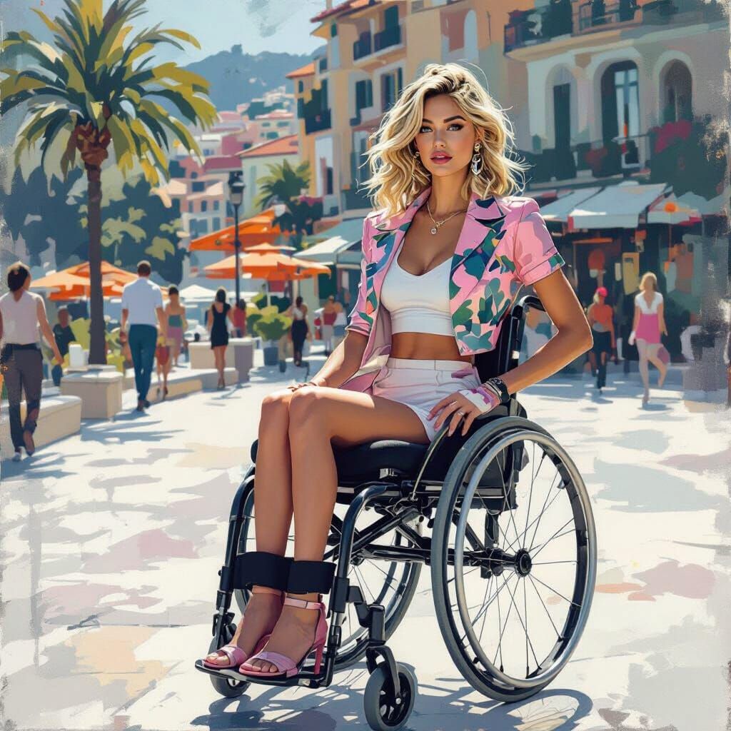 Elegant Woman in Wheelchair on Riviera Terrace