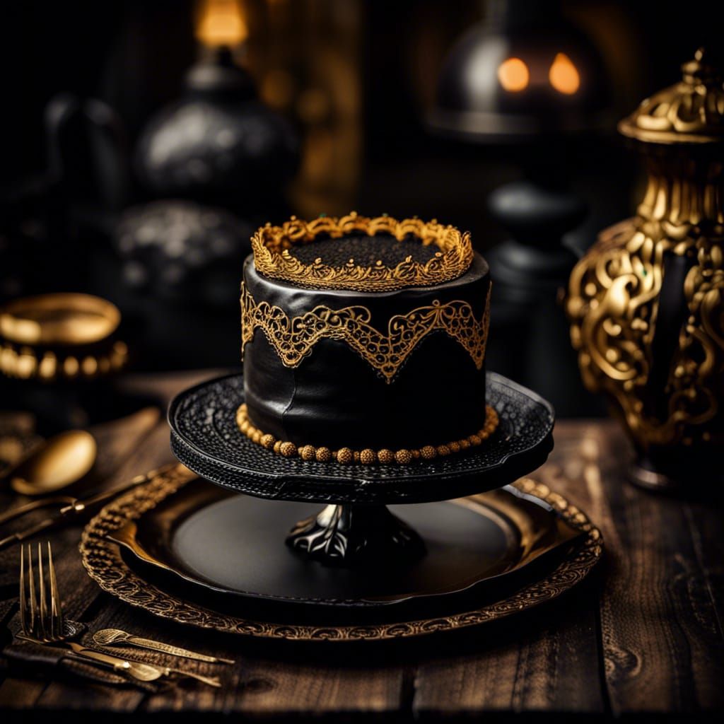 Intricate Goth Cake with Lace on Gold Plate