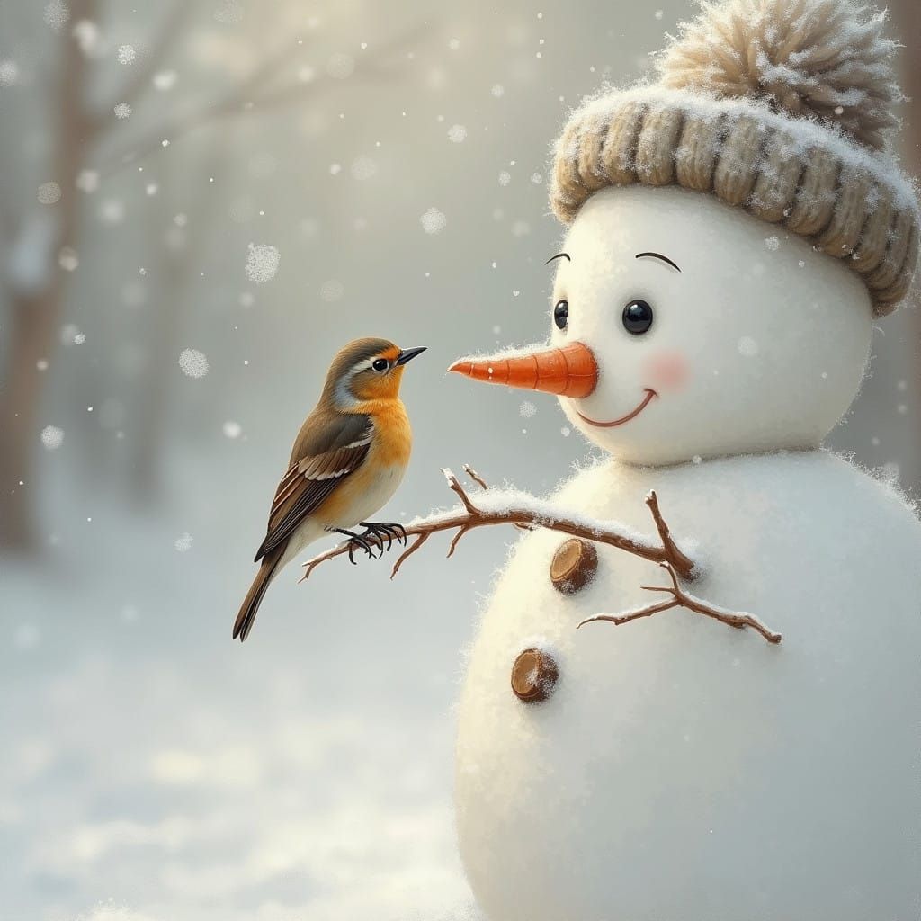 Snowman's Gentle Winter Companion in Muted Oil Painting