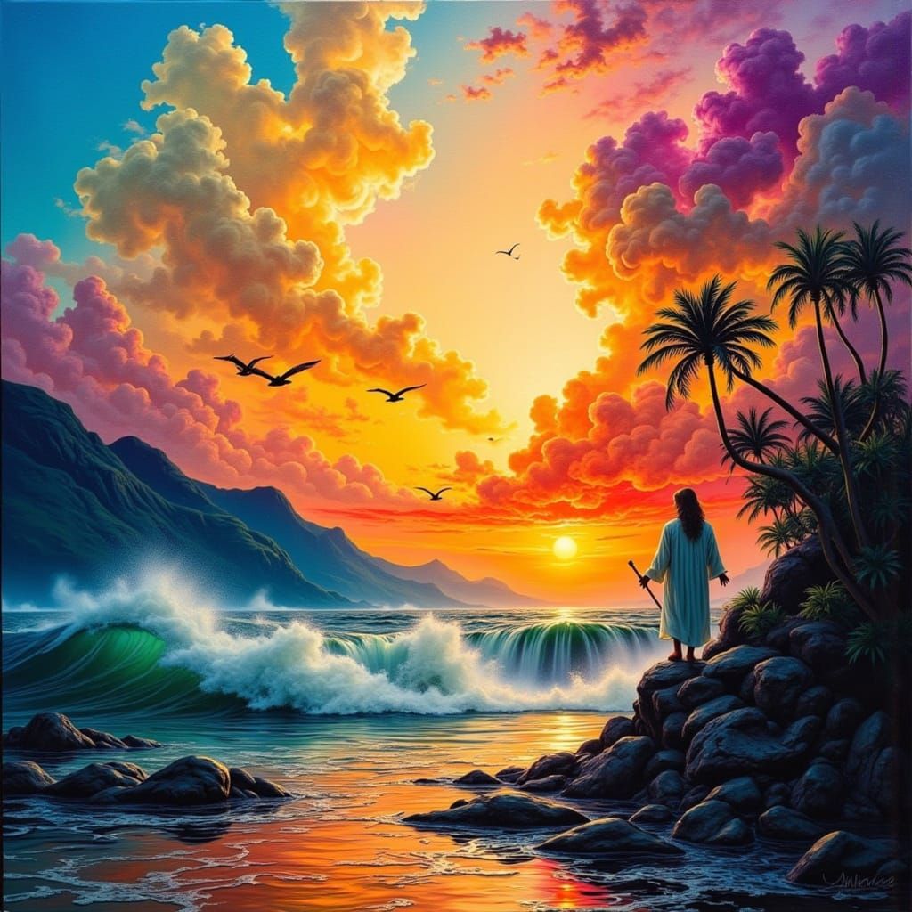 Jesus by Shore in Storm with Expressionist Colors