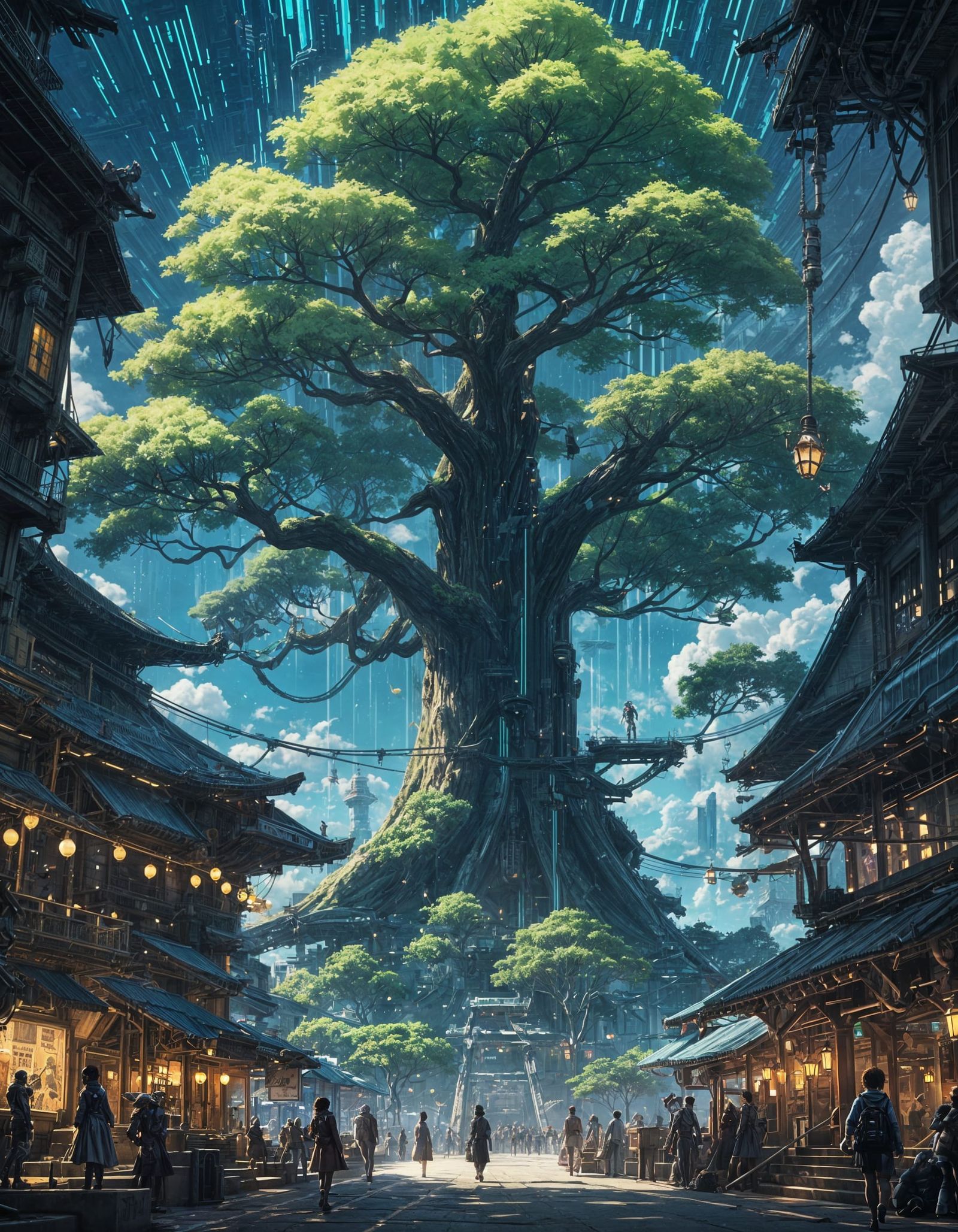 Cyberpunk City: Enormous Trees in Studio Ghibli Style