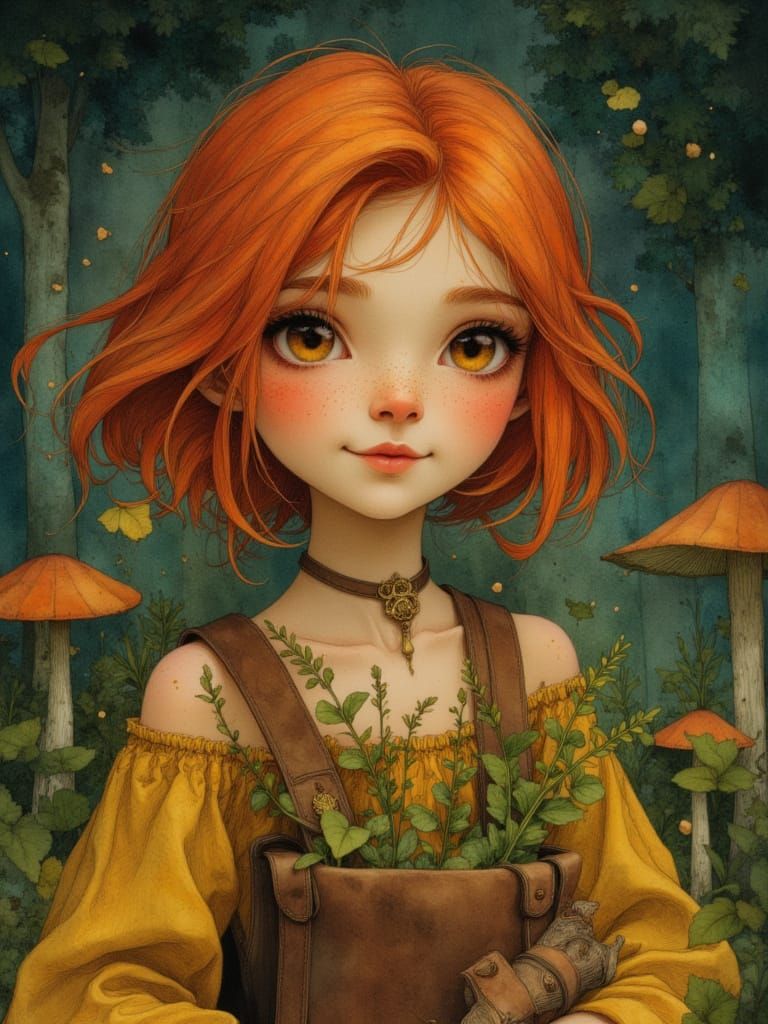 Mystical Anime Witch Portrait in Art Nouveau Watercolor Styl...