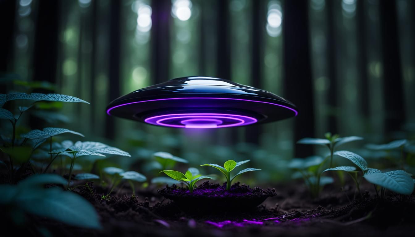 Miniature Neon Flying Saucer in Dark Forest