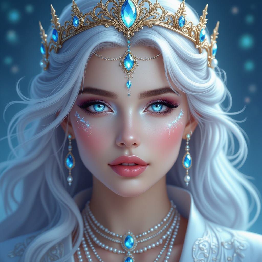 Icy-Eyed Woman with Golden Crown in Fantasy Portrait