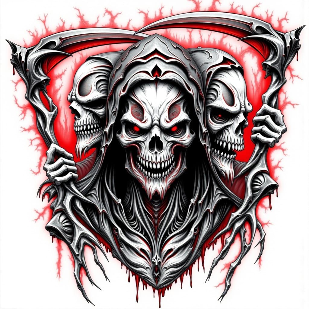 Demonic Entity Tattoo Design with Grim Reaper's Scythes