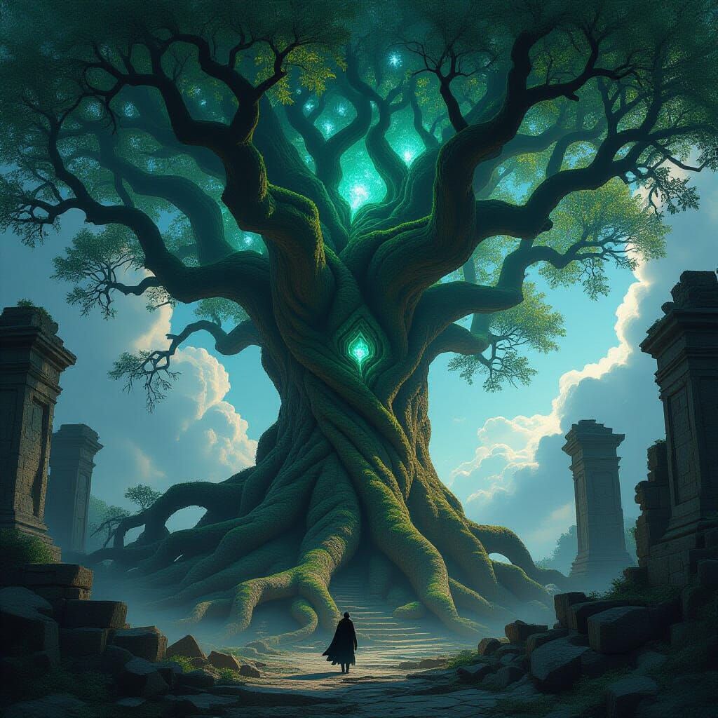 Ancient Tree and Ruins Under Nebula Sky