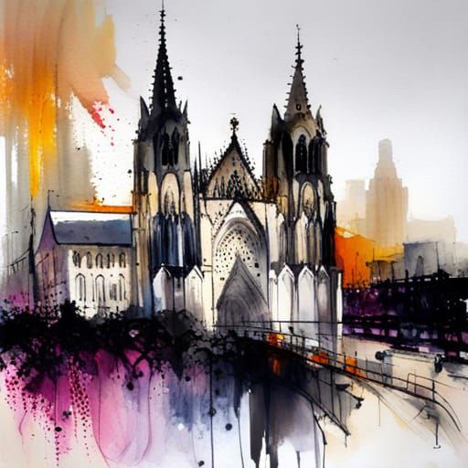 Cologne Cathedral: Surreal Watercolor Painting