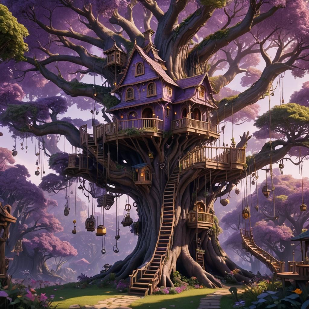 Enchanted Treehouse with Swings in a Matte Painting