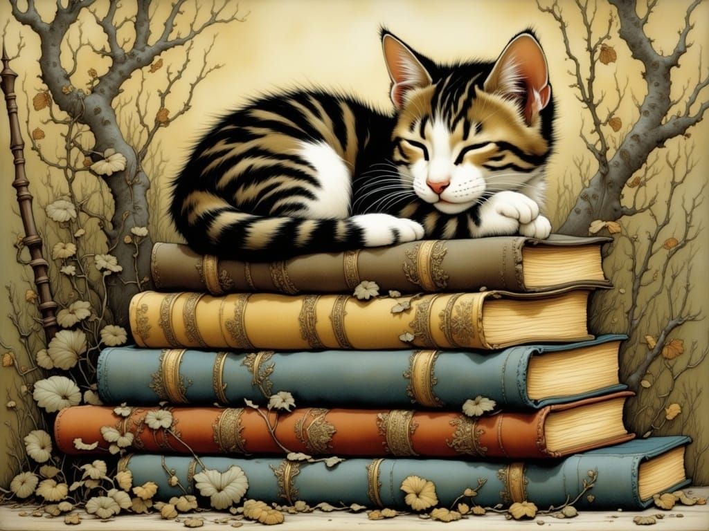 Whimsical Cat Amidst Ancient Tomes in a Dreamlike World