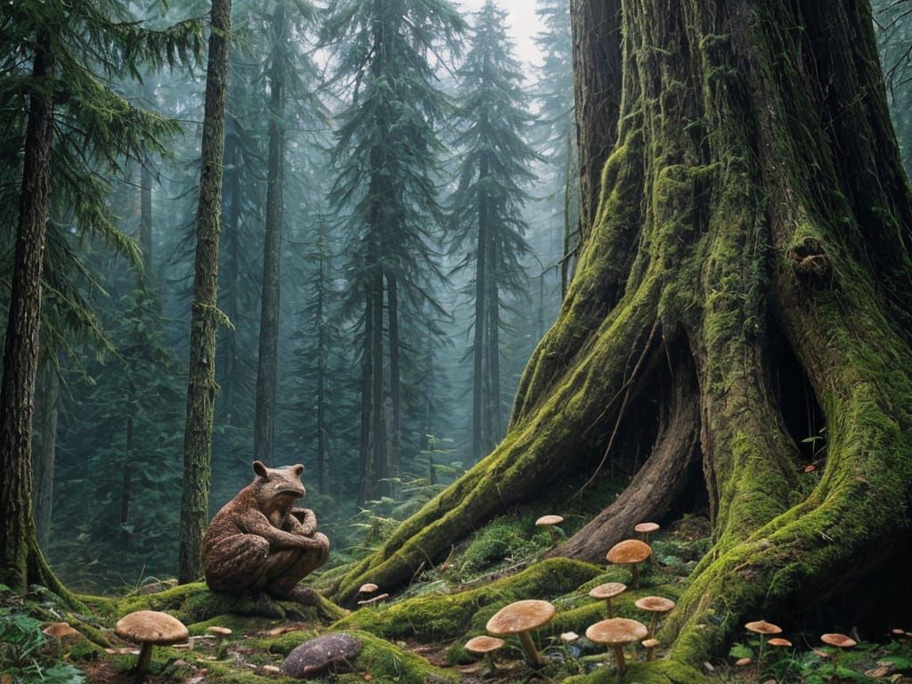 Mossy Spruce Forest with Enormous Toad in Grandiose Pose