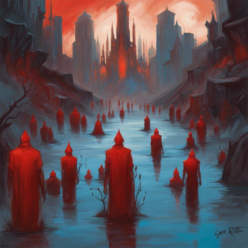 Sinister Red Fountains and Blue People