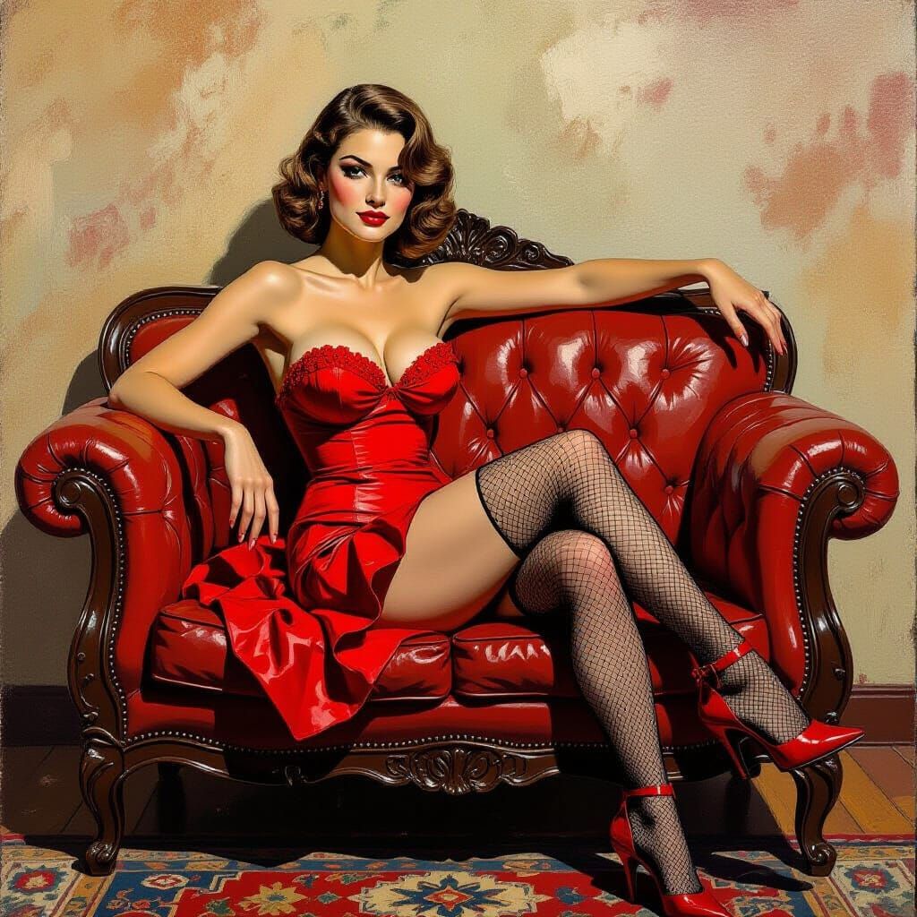 Pinup Girl Posing on Chesterfield Sofa as Impasto Oil Painti...