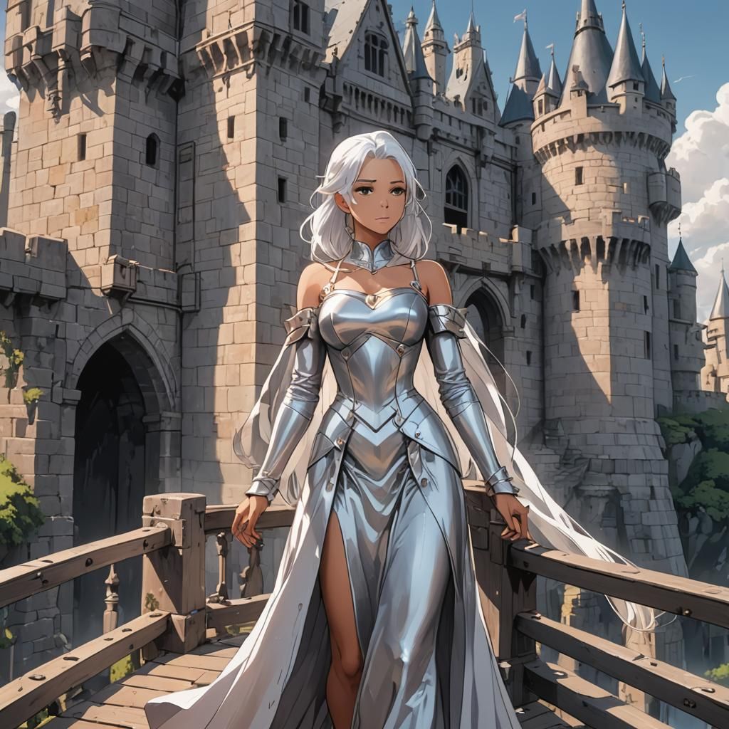 Anime Girl in Silver Gown on Drawbridge