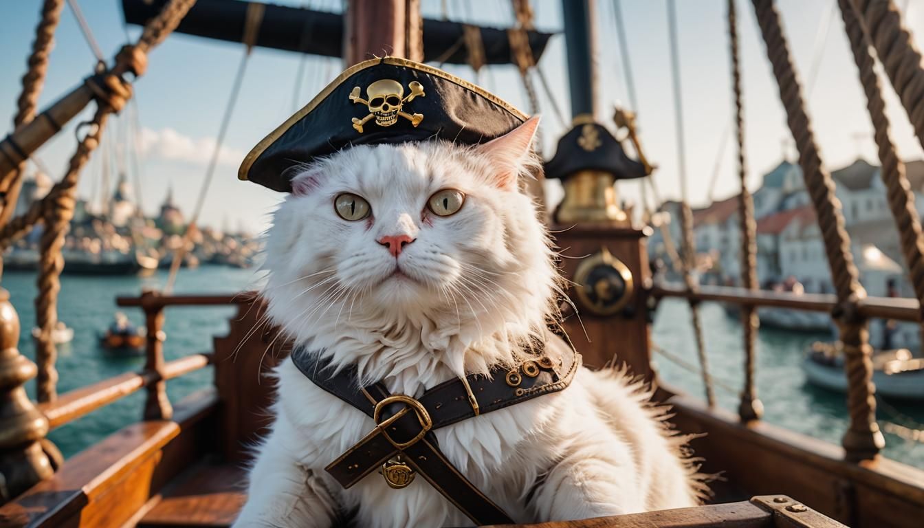 Pirate Cat at Helm of Ship: Professional Photo