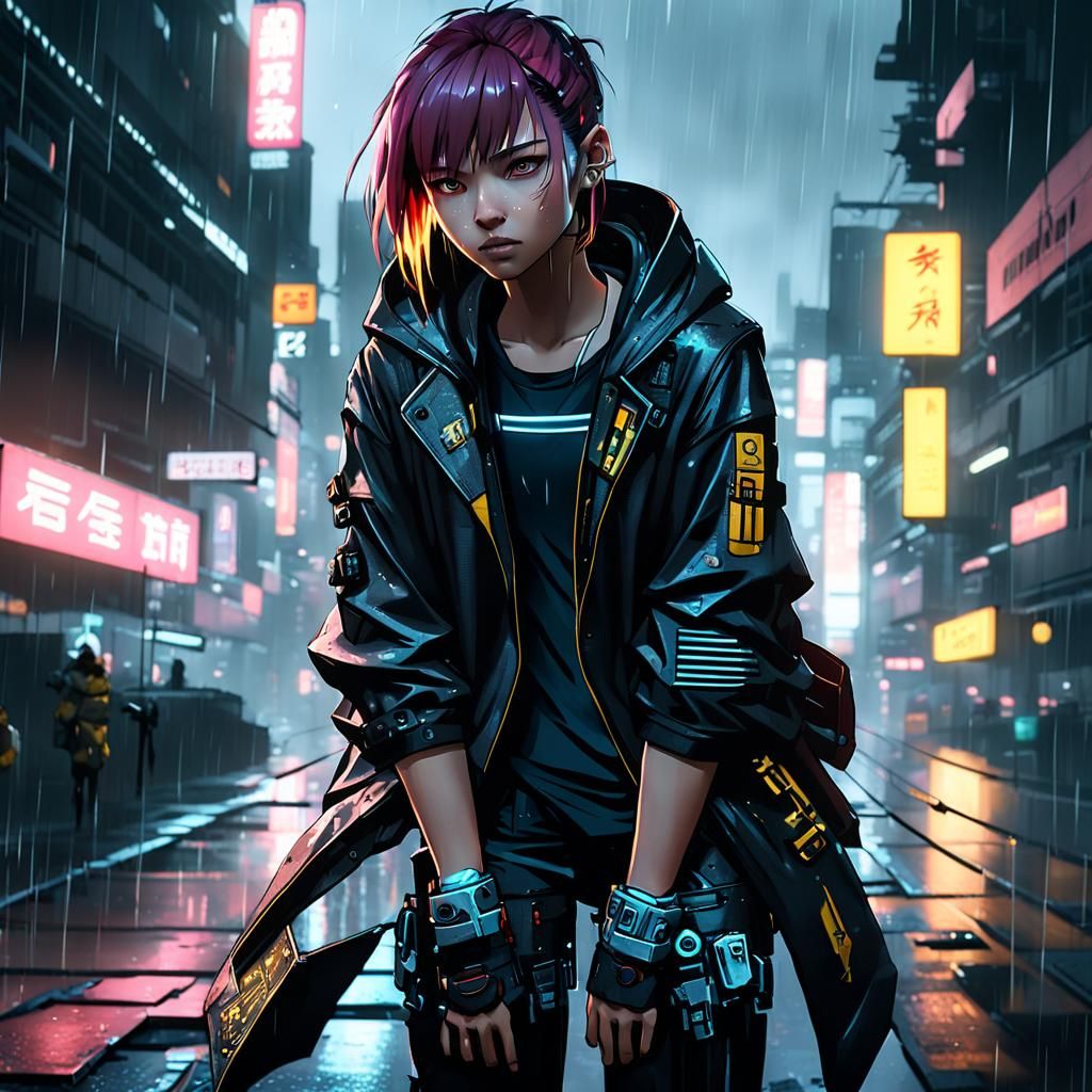 Cyberpunk Girl in Rainy City, Anime Style