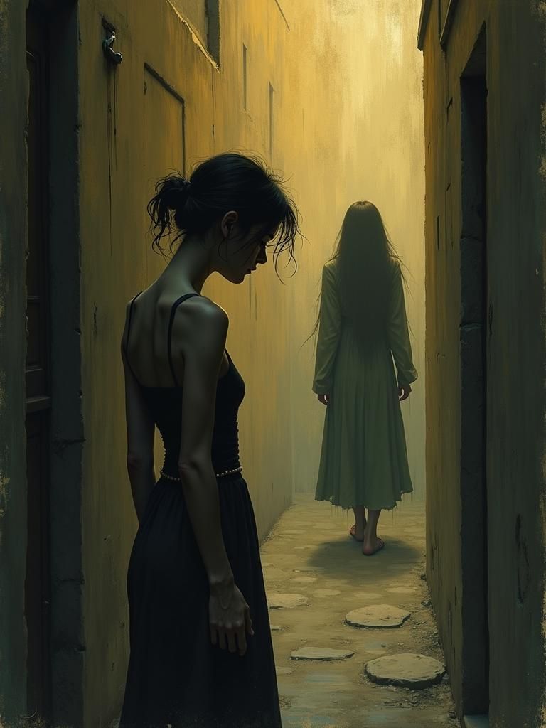 Woman Meets Figure in Alleyway: Dreamlike Art