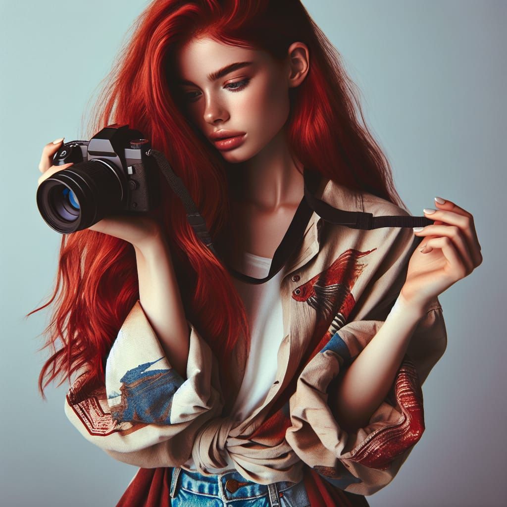 Young Woman with Red Hair Taking Photos