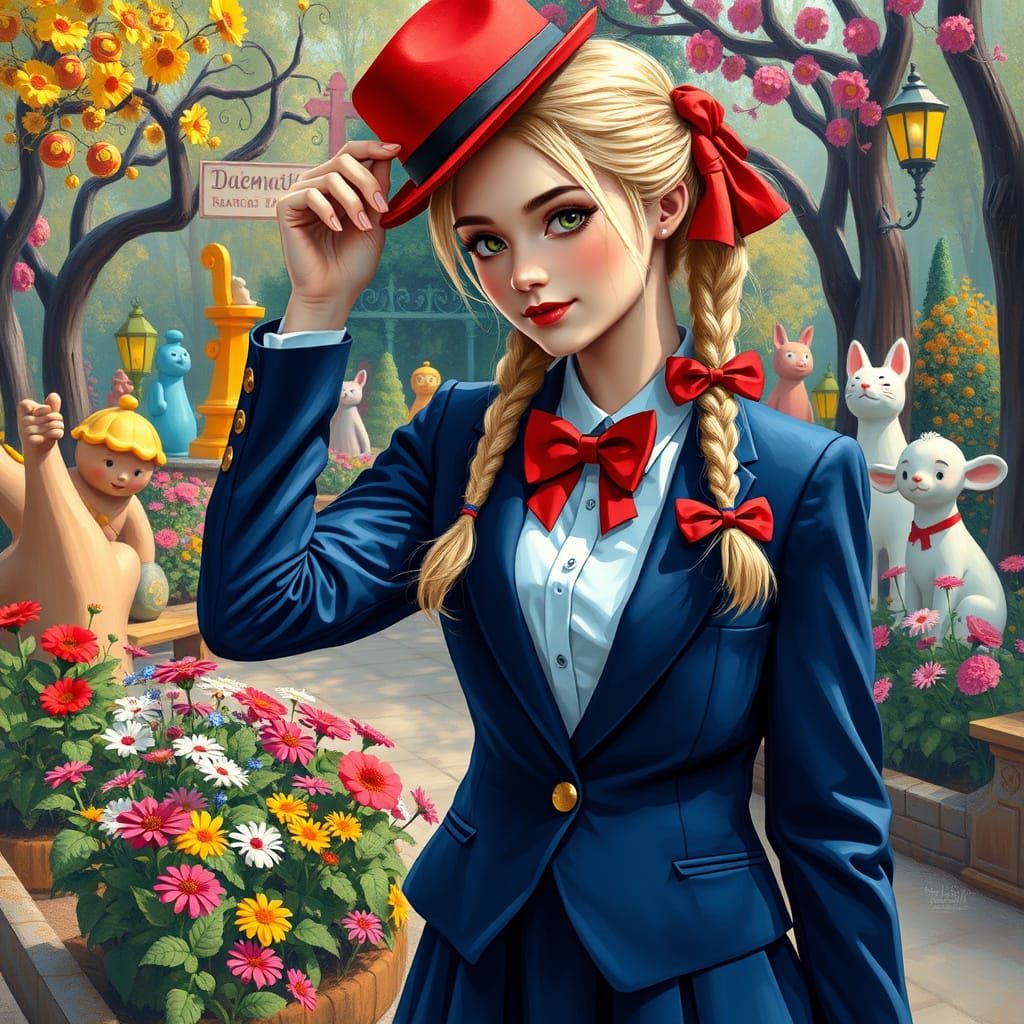 Whimsical Park Scene: Woman in Suit as Impressionist Paintin...