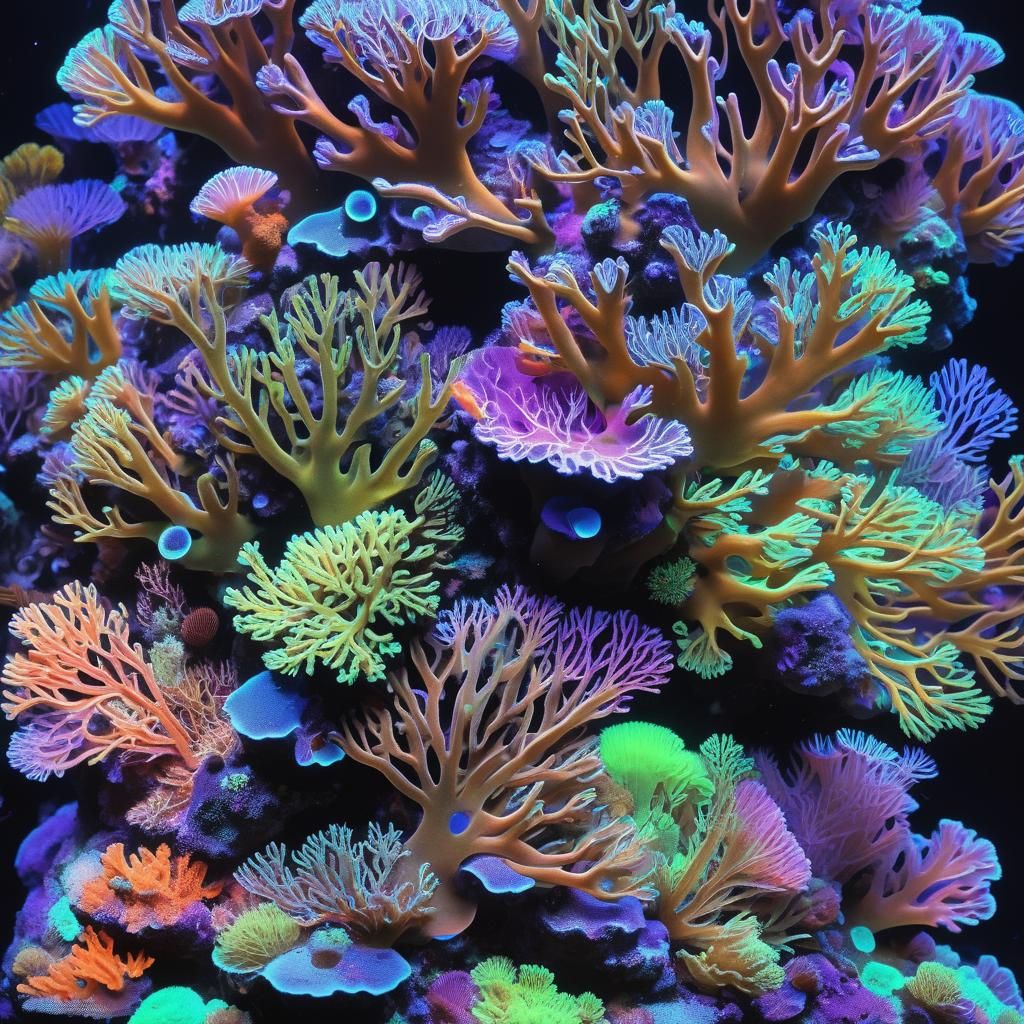 Corals Fluorescing Under Blacklight Photography