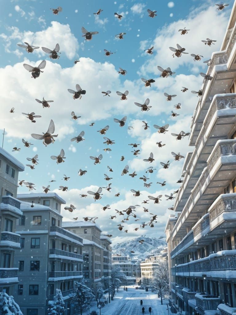 Flies Flock South Amidst Snowy Skies in Photorealistic Detai...