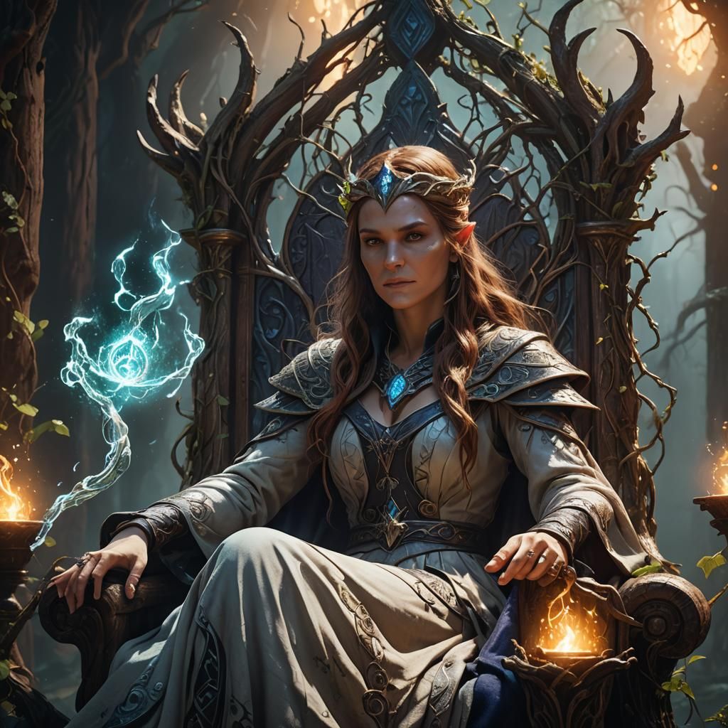 Mystical Sorceress on Glowing Throne: Art Nouveau Digital Ar...