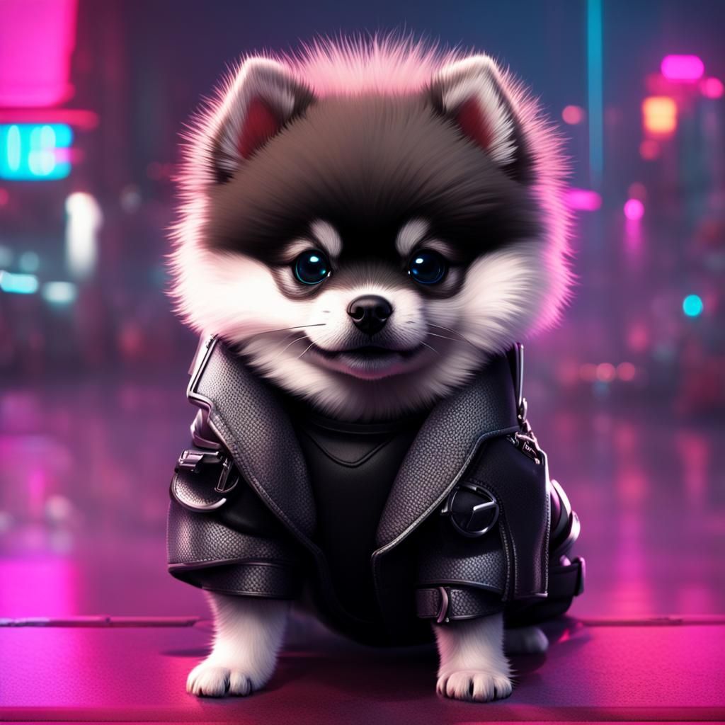 Cyberpunk Pomeranian Puppies in Neon Cityscape