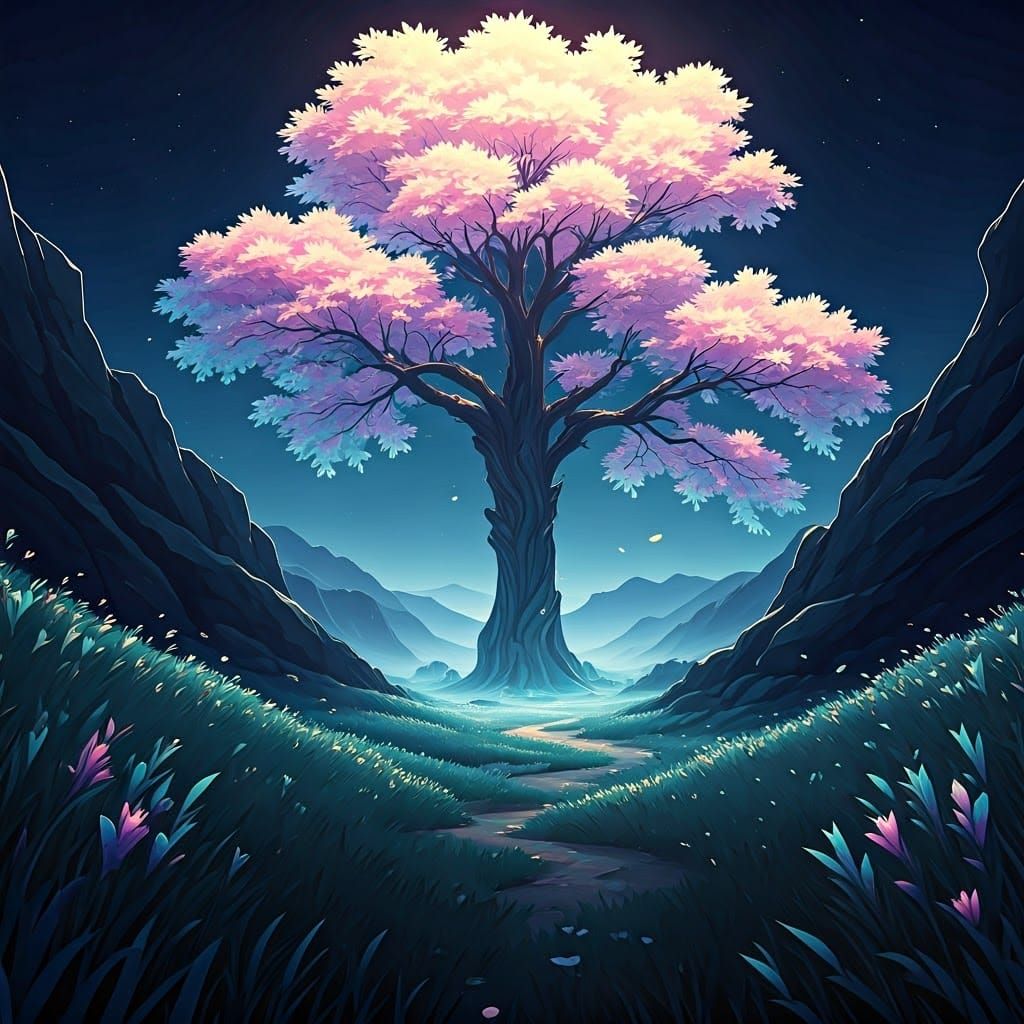 Iridescent Tree in Moonlit Valley: 3D Anime Art