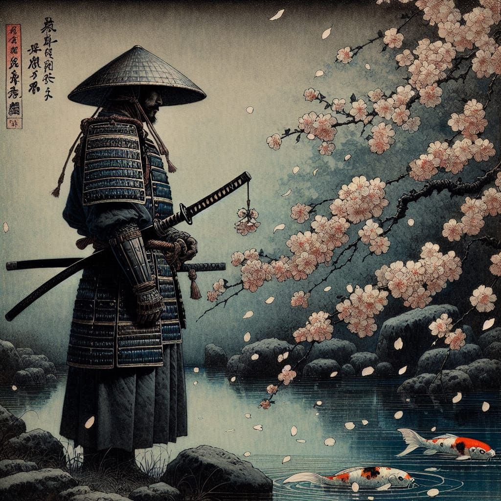 Contemplative Samurai by Koi Pond in Nihonga Style